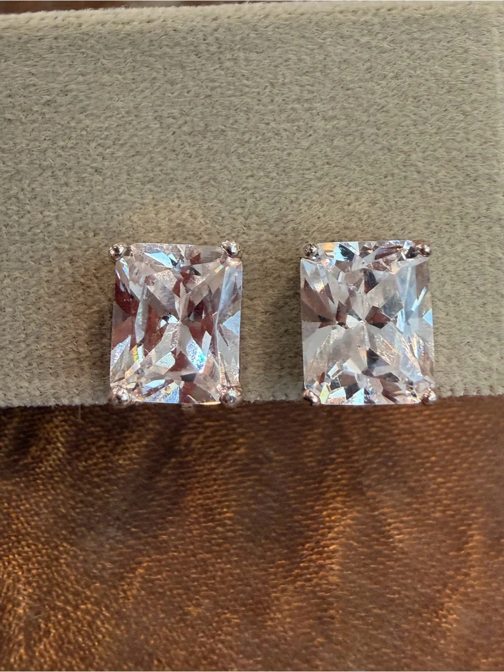 Vintage Clear Crystal Square Drop Clip On Earrings Silver Tone-1068